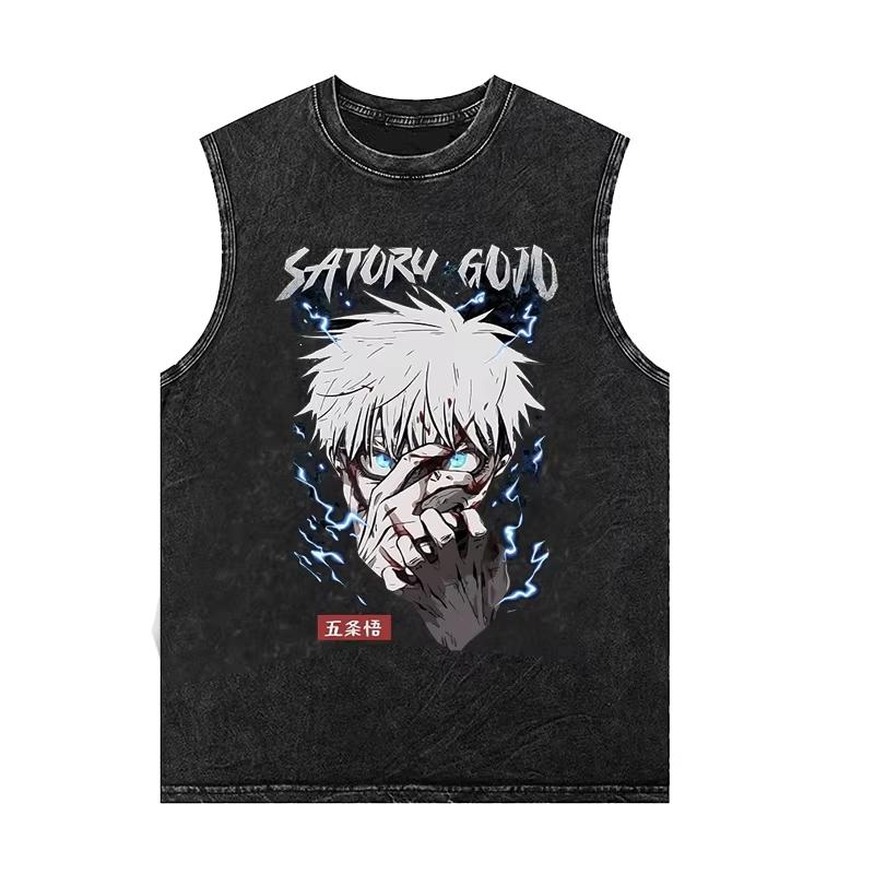 Men's Gym Vest Gojo Satoru Printed Washed Vintage Tank Tops Women's Casual Sleeveless Shirt Y2k Clothes Streetwear Anime