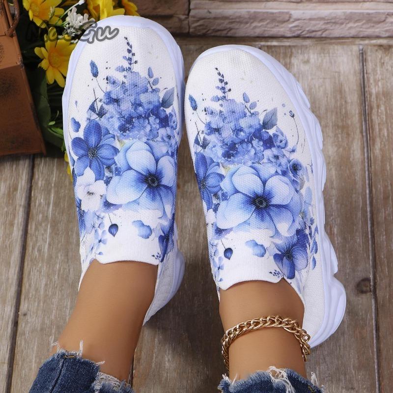 Letters Floral Print Platform Sneakers for Women Knitting Casual Sports Shoes Woman Non Slip Breathable Running Shoes