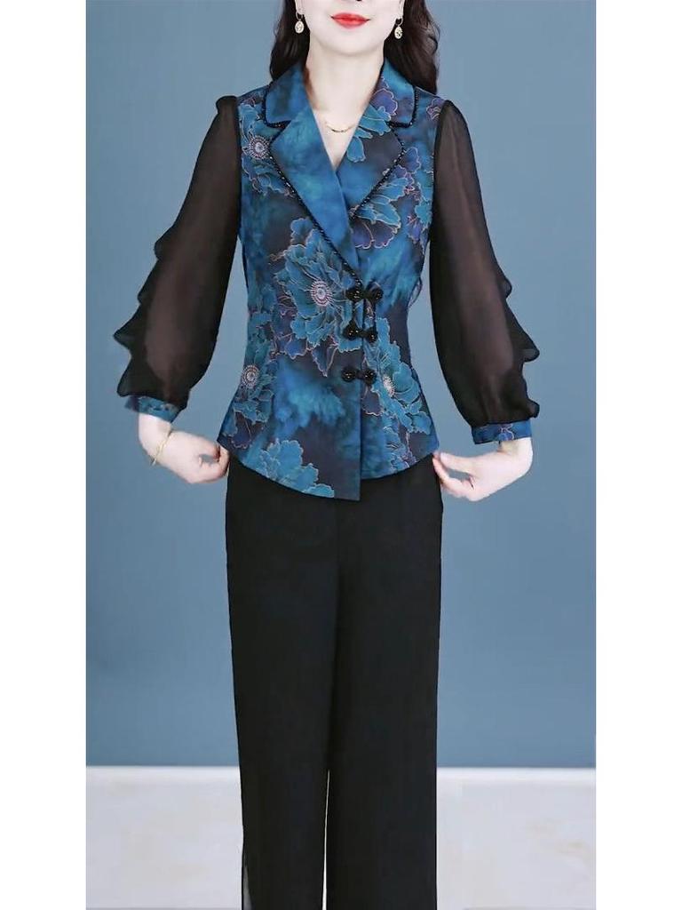 2025 Spring Women's Chinese National Style Two-Piece: Slimming Top & Wide-Leg Pants