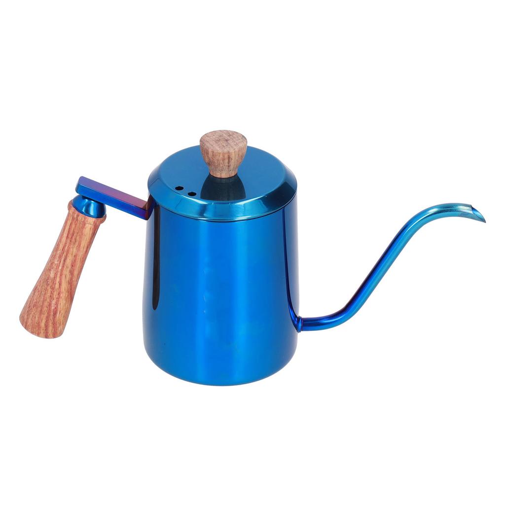 600ml Edelstahl Manueller Kaffeekocher Langer Schmaler Ausguss Aufgießkessel mit HolzgriffBlau