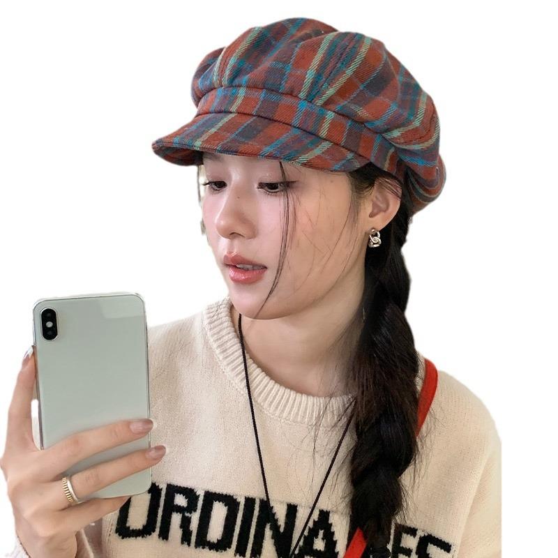 Red Plaid Painter Hat Female Fashionable Beret Showing Face Small Peaked Hat Big Head Circumference Cloud Hat Versatile Octagonal Hat