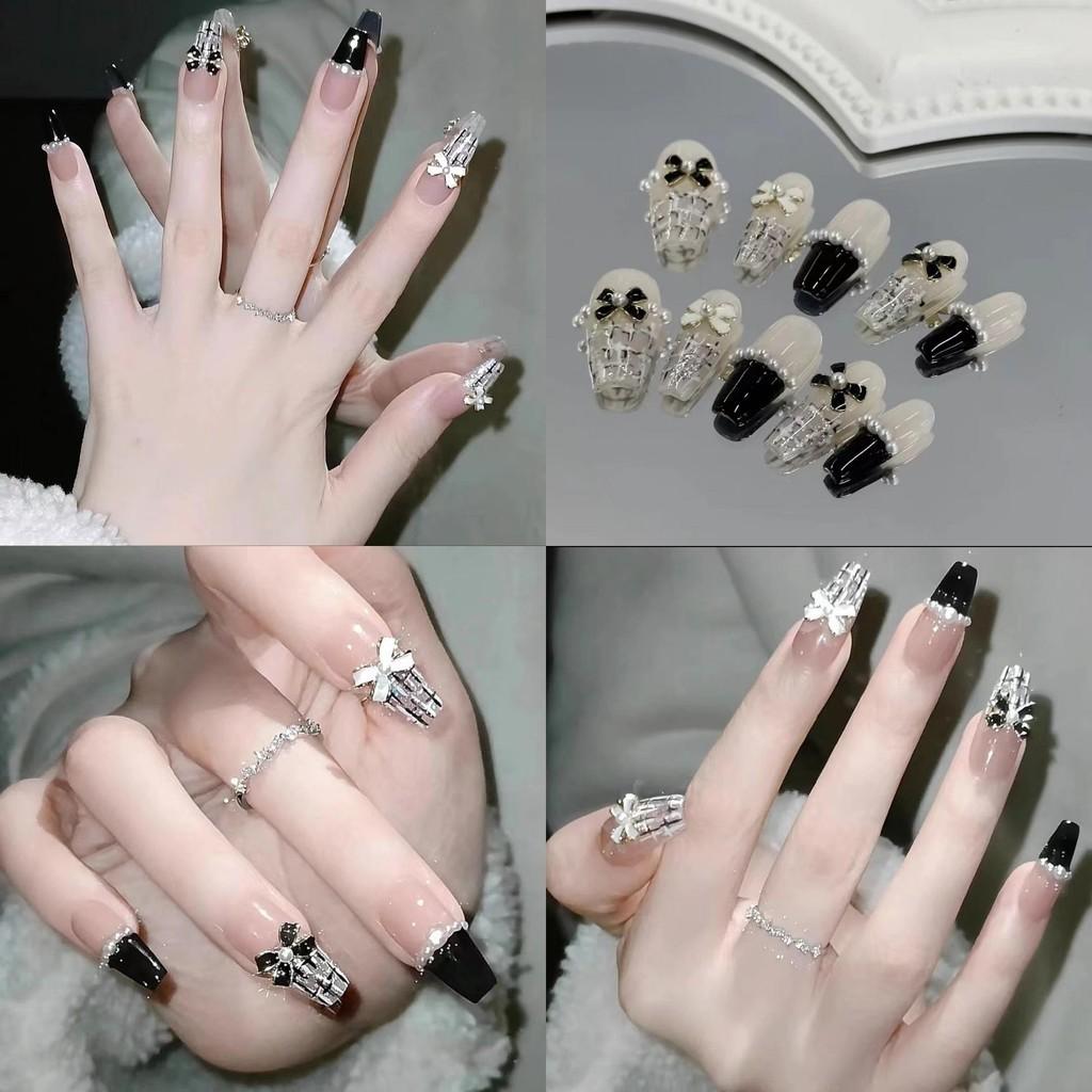 Bow Nail Plaid Patterns Elegant Rhinestones Minimalist Handmade Nail Sticker