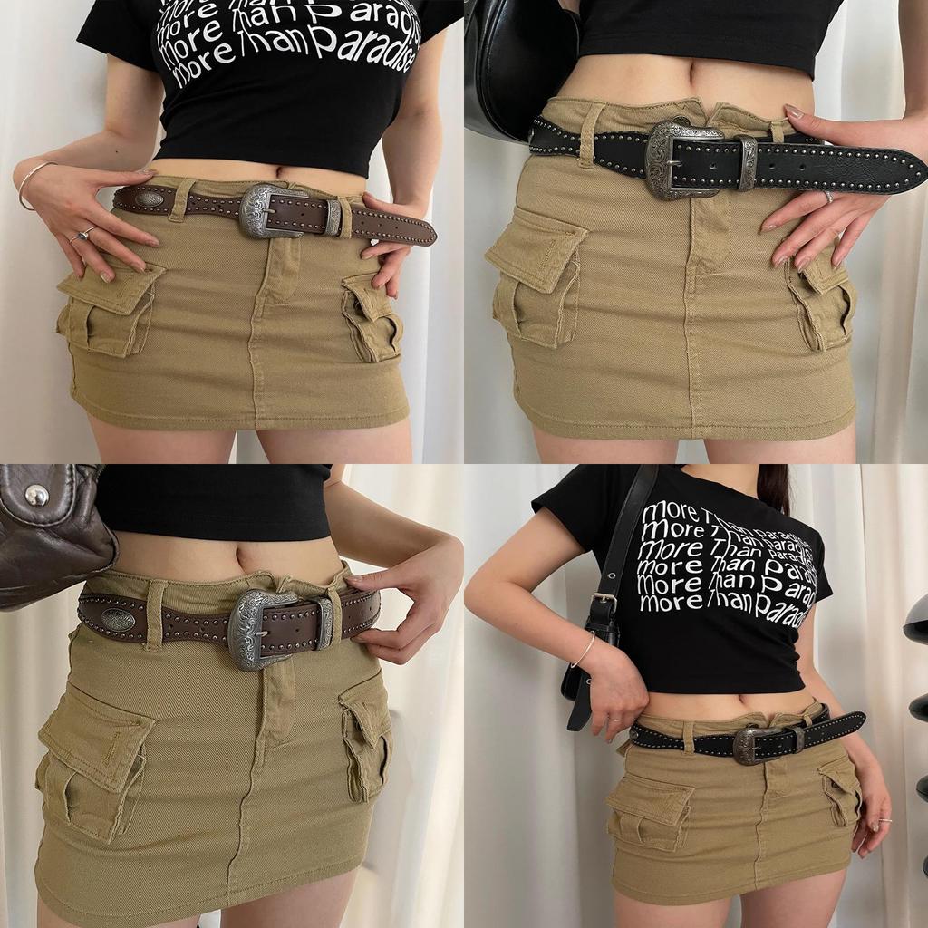 Vintage American Punk Pu Leather Belt For Women With Studded Design And Metal Buckle