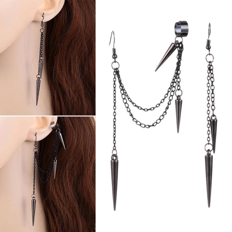 New Gothic Black Color Chain Rivet Asymmetric Earrings, Women's Personalized Punk Style Festival Party Accessories Gift