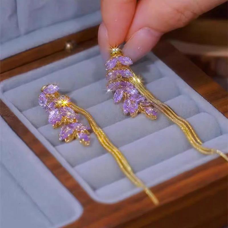 French Wheat Ear Zirconia Tassel Earrings - Elegant, Long Dangle Retro Jewelry for Women