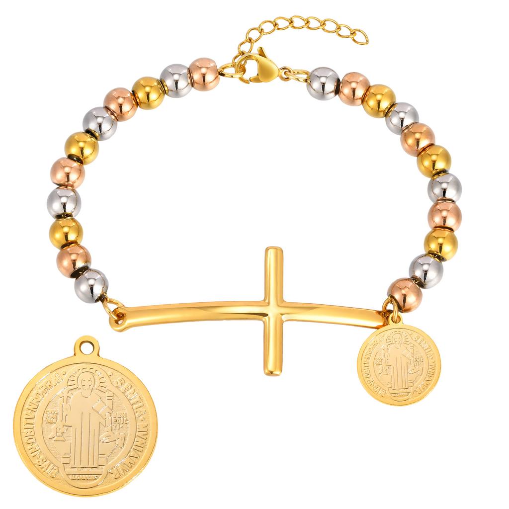 Vnox Heilige Maria St. Benedikt Kreuz Armband für Damen, Edelstahl Goldfarbe Perlenketten Armbänder, Christus Gebets Schmuck