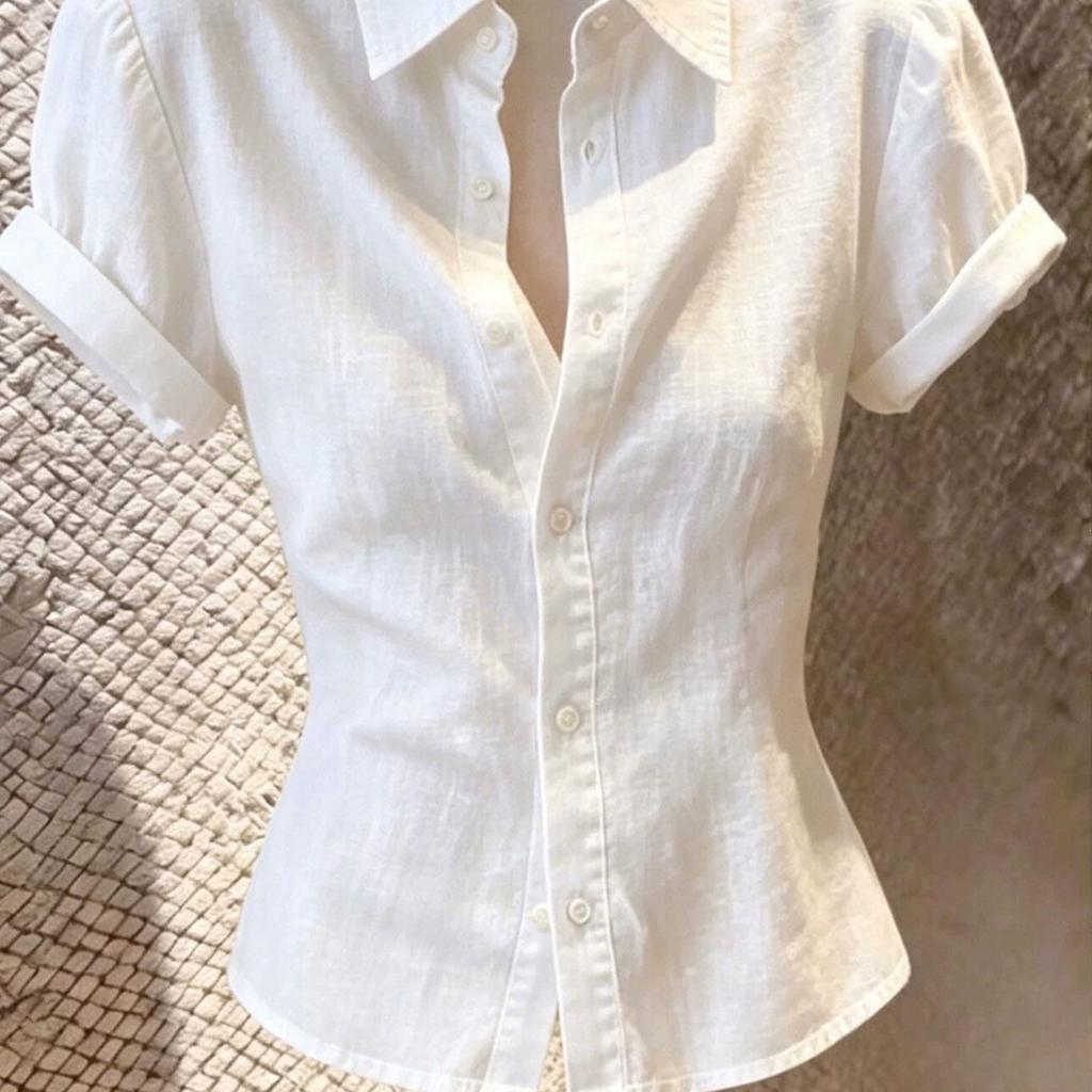 Slim-fit button-down short-sleeved lapel shirt, women's summer high-end light luxury gentle top, versatile