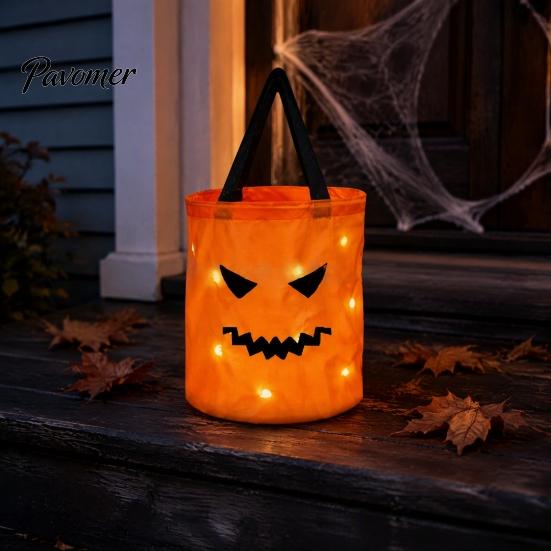 Durable Fabric Pumpkin Treat Bag Glowing Candy with LED Lights, Reusable Halloween Trick or Pail Tote for Kids, Handbag Party Favors Light Up