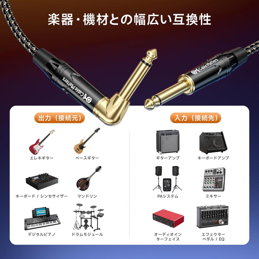 Cable Matters Guitar Cable, 0.9m, Shielded, Set of 2, 6.35mm Mono Plug, TS Straight To L-Shaped Plug, for Instruments