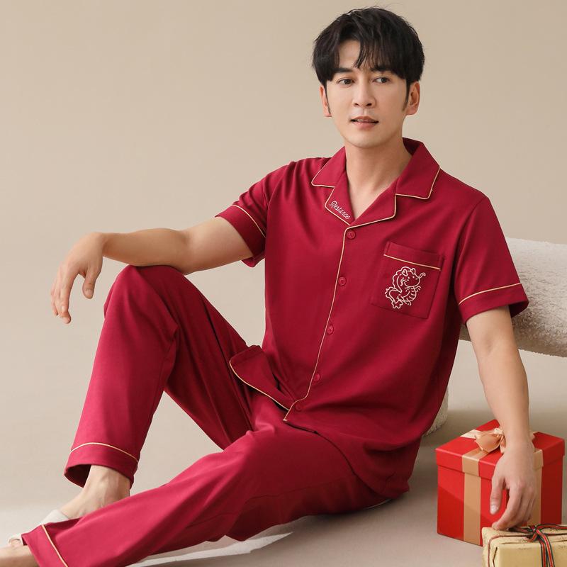 1011 Summer New Couple Pajamas Pure Cotton Red Natal Year Short-sleeved Trousers Set Wedding Men's and Women's Loungewear