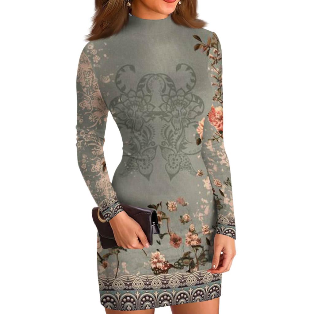 Damen Hochgeschlossenes Lässiges Langarmkleid mit Druck Slim-Fit