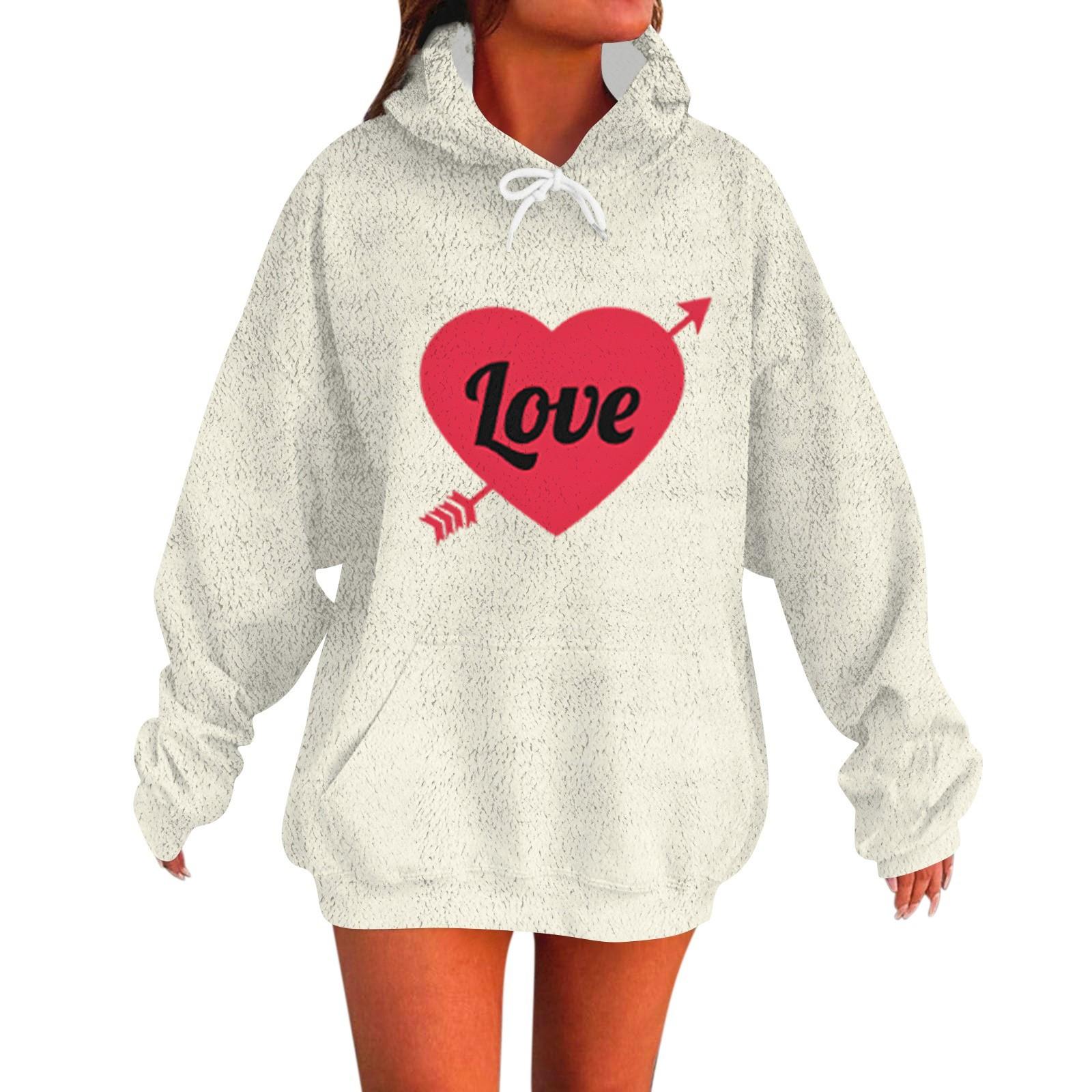 

LOVE Женская мода Повседневный свитер с длинными рукавами и капюшоном с принтом ко Дню святого Валентина XL белый