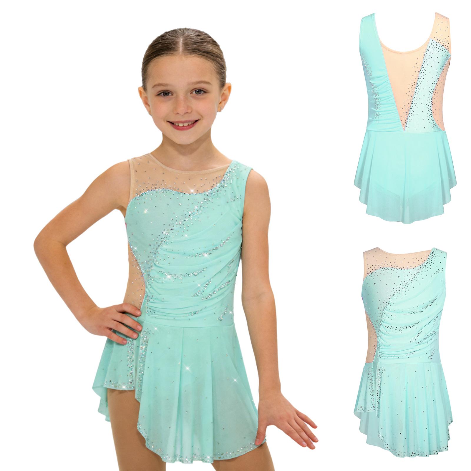 IEFiEL Kinder Ritmische Gymnastiek Leotard Artistiek Kunstschaatsen Ballet Lyrische Dans Leotards Jurk Mouwloos Geplooid Strass Jurk 5-6 Years lichtgroene kleur