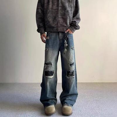 American High Street Vibe Heavy Industry Frayed Patch Wide Leg Jeans Men's and Women's Street Made Old Straight Casual Trousers