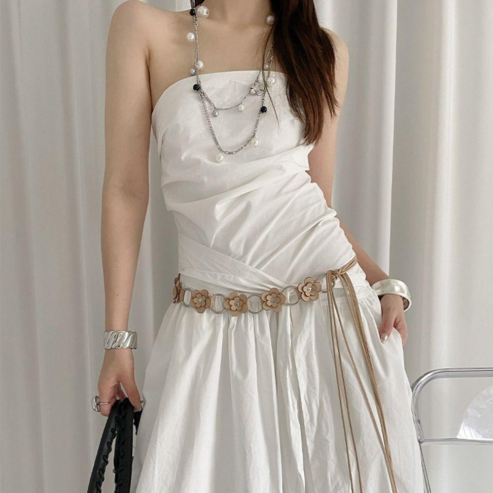 Double Small Flowers PU Leather Belt Adjustable Strap Waist Rope New Waistchain  Women Girls