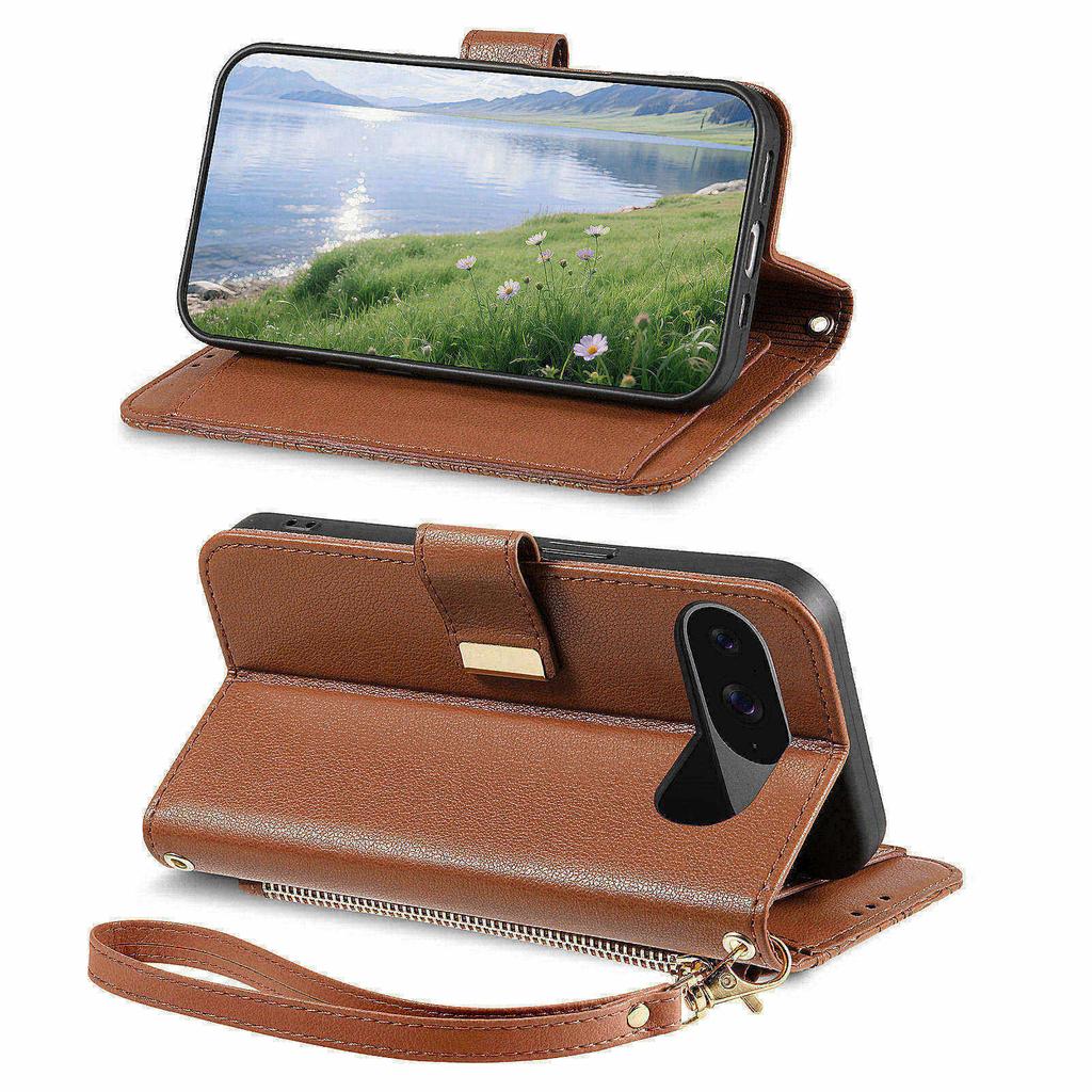 Phone Case For Google Pixel 9 Pro  / 9 Floral Leaf Pattern Multi Card Slots Zipper Leather Phone Cover with Wrist Strap