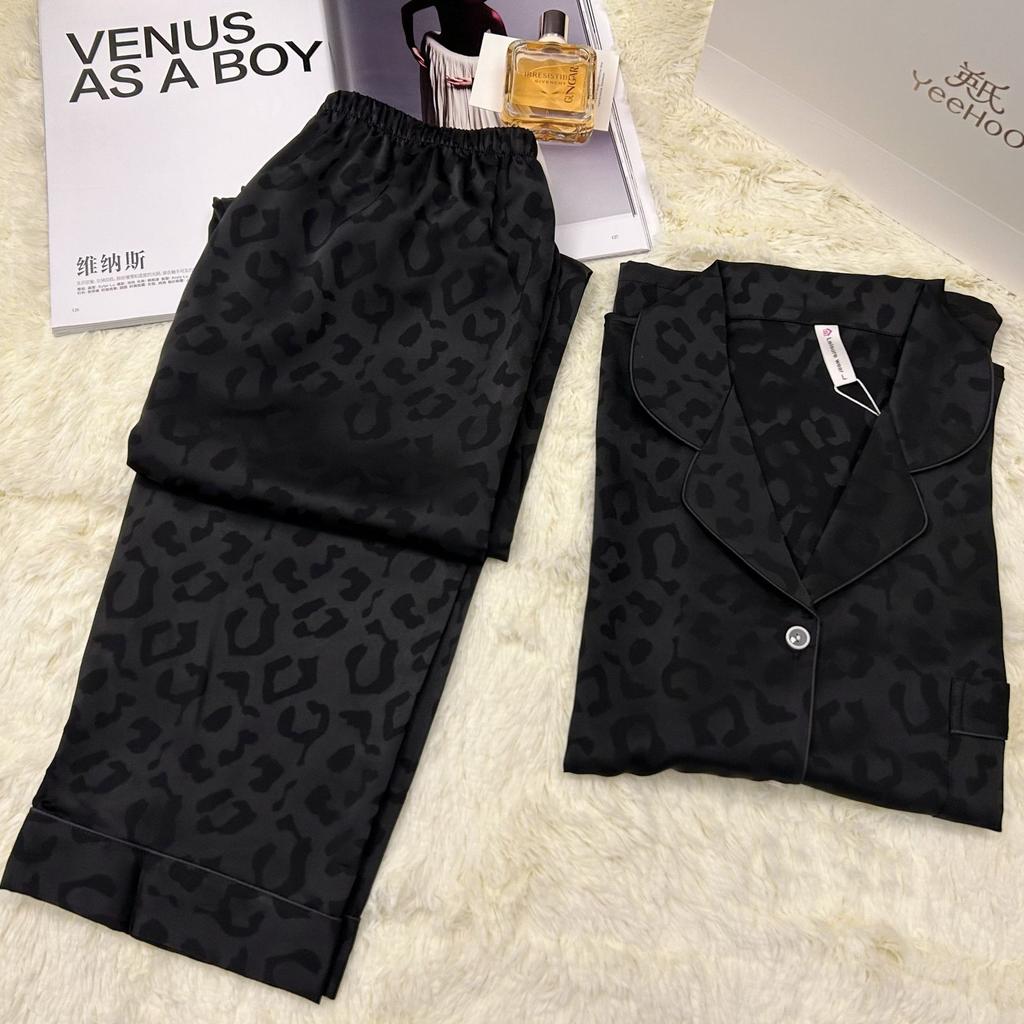 1011 Ice Silk Spring and Autumn Pajamas Women's Leopard Print Jacquard Lapel Long Sleeve Pants Loungewear