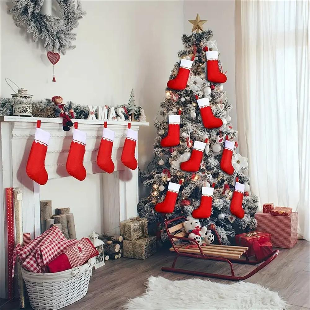 12pcs Red Felt Christmas Stockings Festive Hanging Stocking for Fireplace Non-Woven Fabric Xmas Decor With Golden Trim Idea Gift