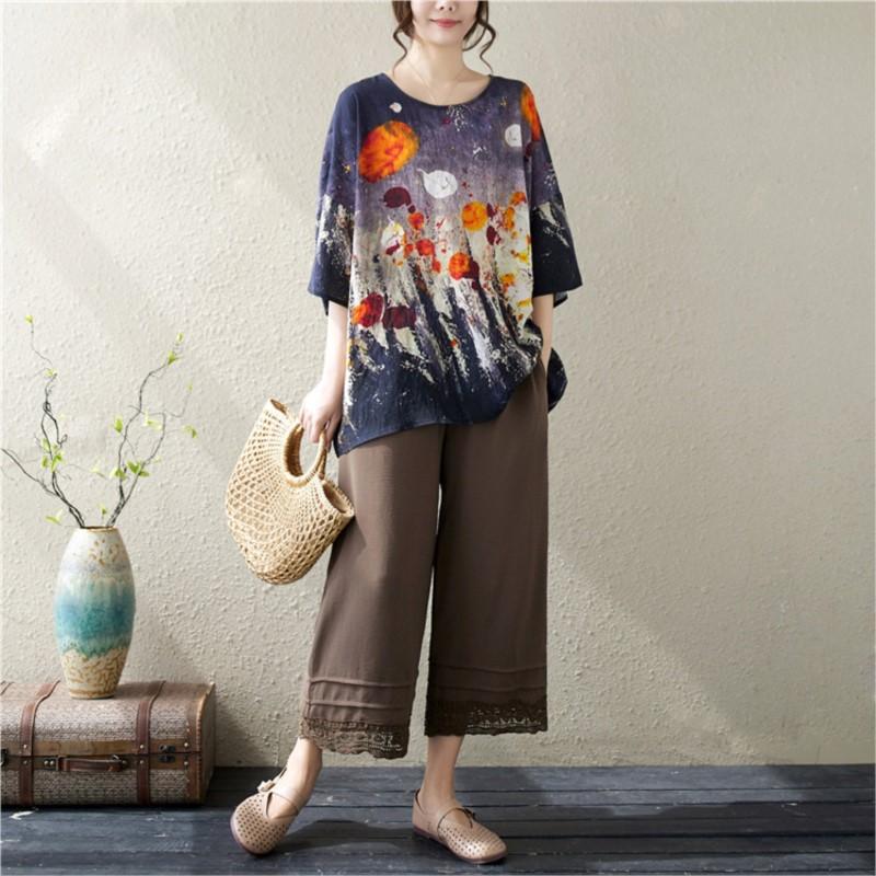 Johnature Casual Print Women Tops Summer Simple O-neck Loose Pullover Women T-Shirts