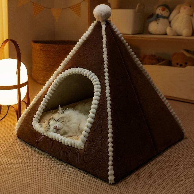 Christmas Pet House Foldable Winter Warm Cat Tent Closed Hooded Cat Bed Holiday Gift Plush Nest for Cats Dogs