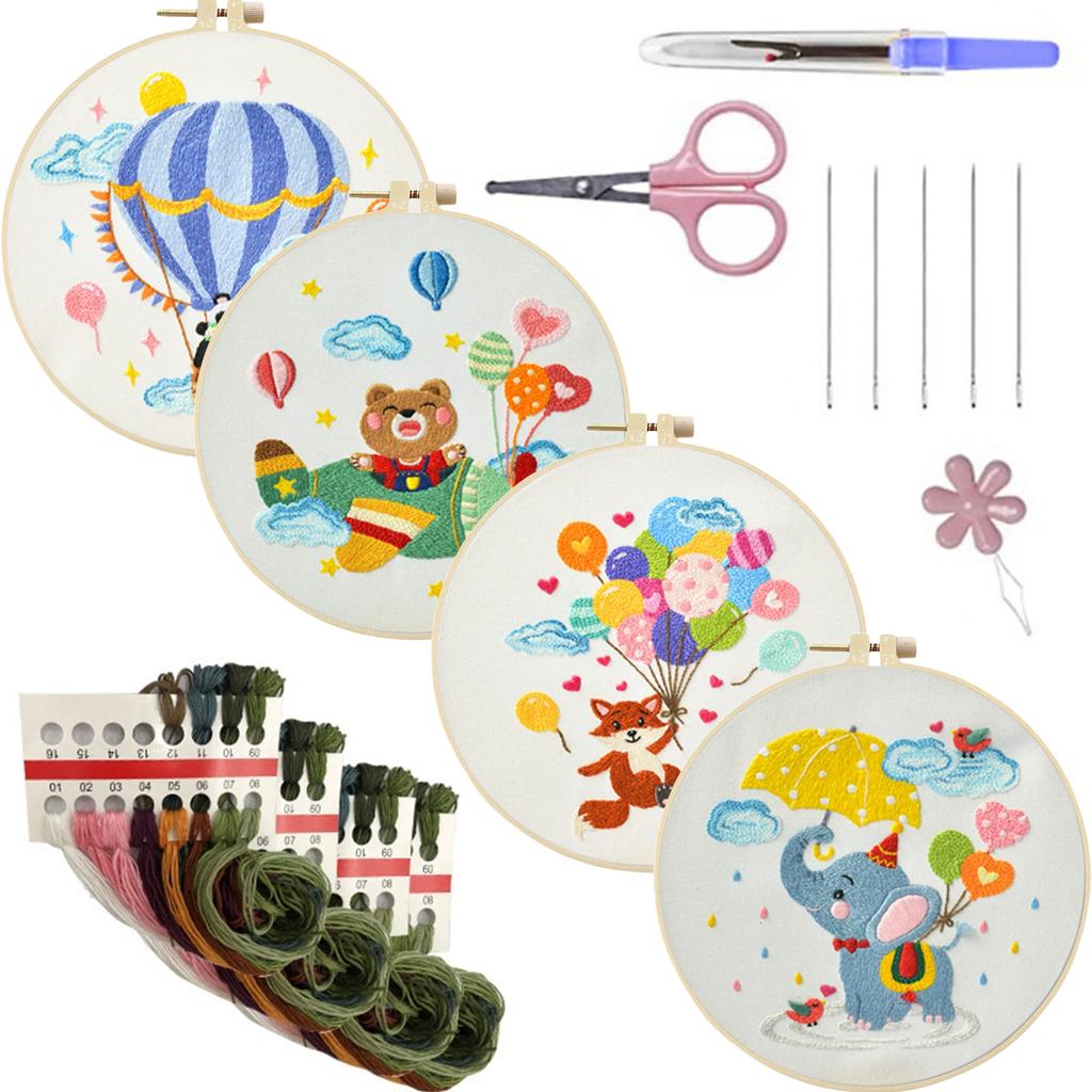 4 Pack Animal DIY Embroidery Kit with Embroidery Hoop Embroidery Starter Kit for Beginners Adults Hand Craft Lover Gift