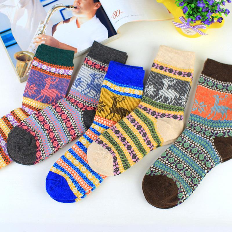 5 Pairs of Thick and Warm Women's Rabbit Wool Socks and Deer Artistic Ethnic Style Cashmere Women's Socks for Autumn and Winter