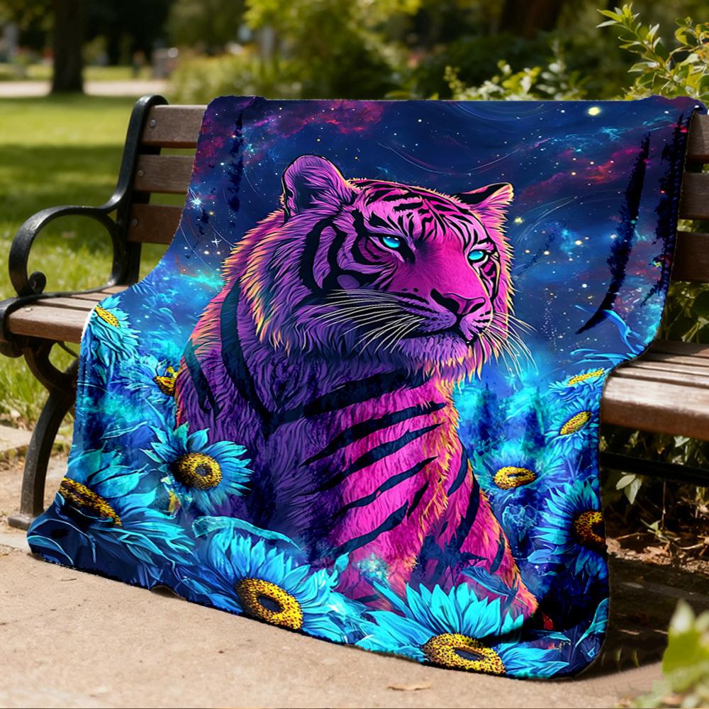 1pc Tiger Fantasy Flowers Throw Blanket Polyester Fiber, Lightweight Flannel, Soft & Warm, All Season Use for Outdoor, Camping Digital Print