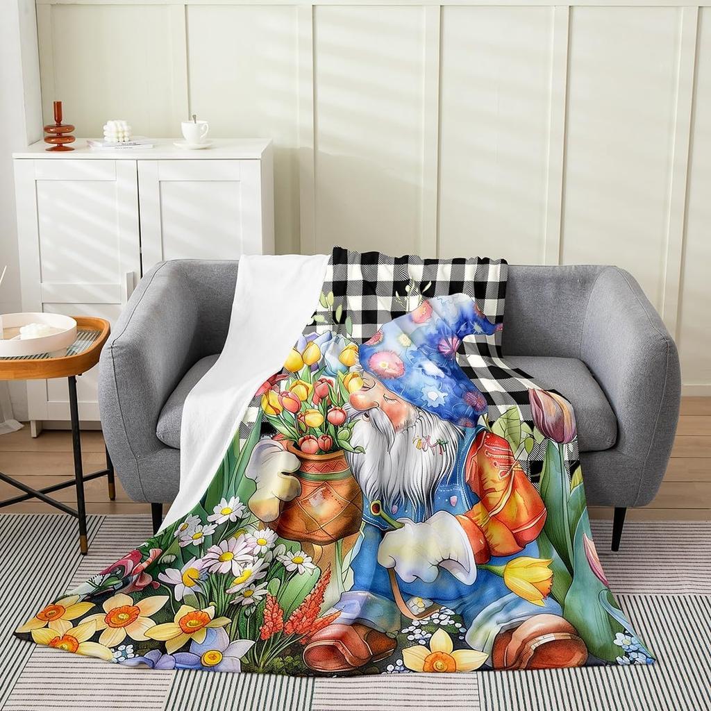 Spring Gnome Throw Blanket,Yellow Sunflowers Fleece Flannel Blanket for Toddler,Floral Truck Fuzzy Blanket,Lovely Bee GnomeDwarf