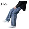 Strong Denim Fabric Overalls Men Jeans Wide Leg Pants Baggy Trouser Fashion Loose Retro Straight Solid-color Waist Button Long Washed Blend