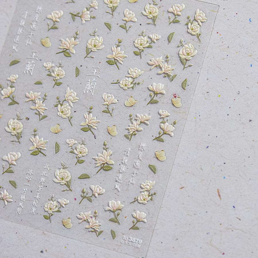 Crystal White Flower Leaves Petal Wet garden Spring Charming Elegant 5D Nail Art Stickers Rhinestone Adhesive Manicure Decals