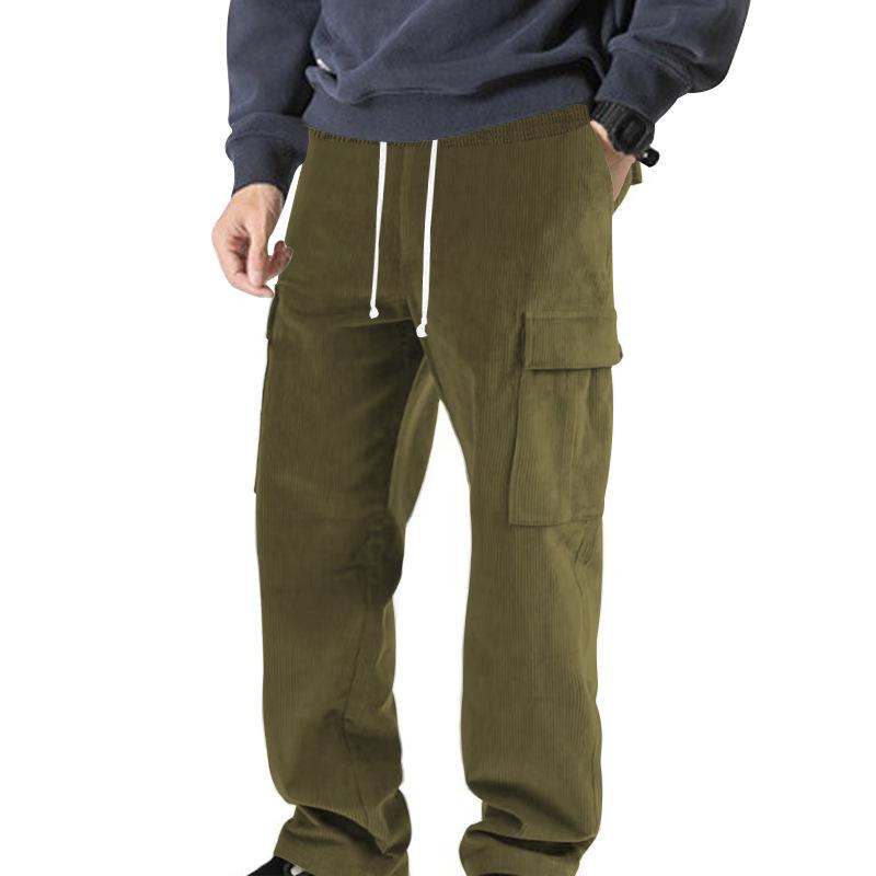 Autumn and winter solid color thin corduroy multi-pocket straight-leg pants men's sweeping pants men's casual loose trousers