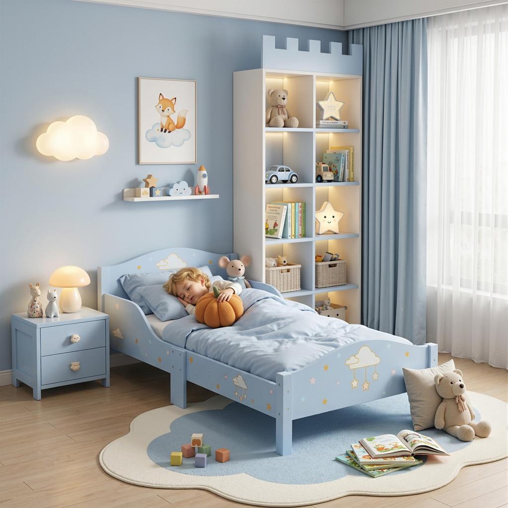 Lit Enfant 70 x 140 cm, Barrière de Sécurité, Motif Nuage, Bleu