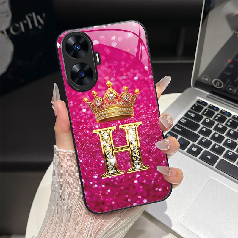 For Realme C55 4G Case Fashion Letters Hard Tempered Glass Back Covers For Realme Narzo N55 NarzoN55 C55 RMX3710 Phone Shell