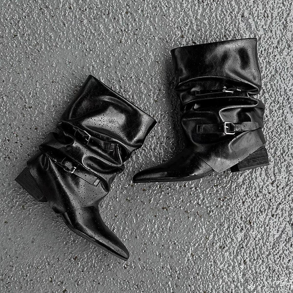 

Винтажные нишевые лаковые остроносые ботильоны на толстом каблуке с плиссированным голенищем, короткие ботинки с широким голенищем для брюк, ботильоны-трубы, женские осенне-зимние ботинки челси 40 чёрный