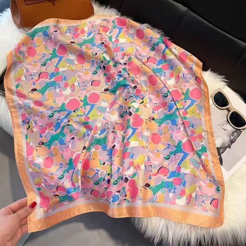 70x70cm Lightweight Cotton Silk Square Scarf With Boho Floral Print Breathable Neck Wrap Women