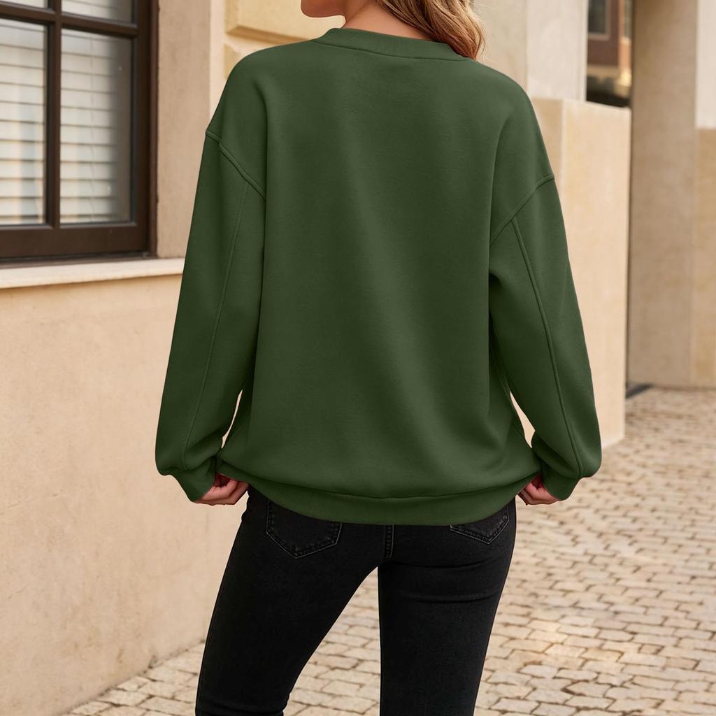 Women's V-Neck Long Sleeve Loose Fit Sweatshirt Color Comfortable Casual Pullover
