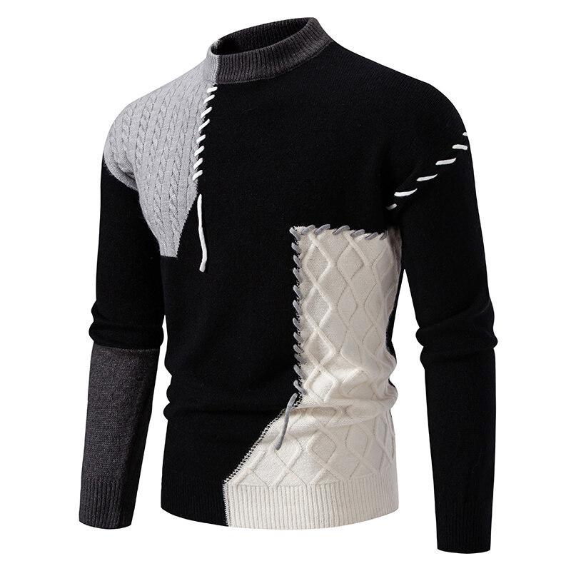 Fashion Men's Clothing Contrasting Color Patch Sweater Knitted Sweater Semi-turtleneck Breathable Sweater