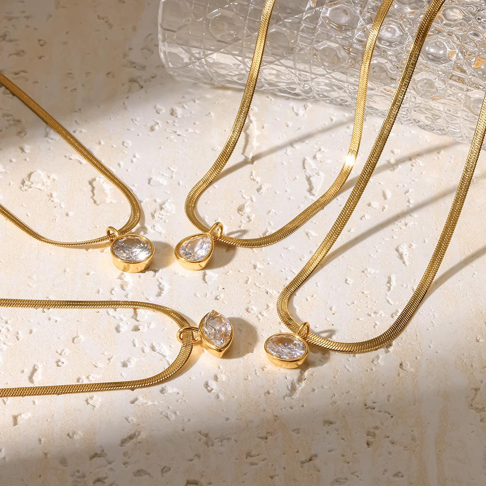 Stainless Steel Stainless Steel Chain Necklace for Women Luxury 18K Gold Plated Waterdrop Round Zircon Pendant Collar Jewelry