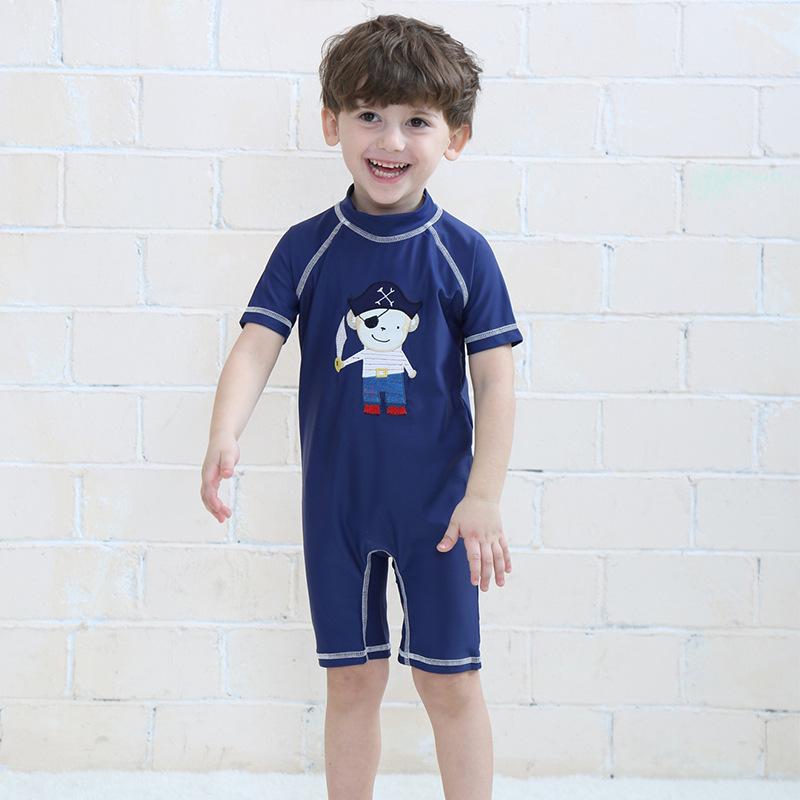 Summer Quick-Dry Pirate Captain One-Piece Swimsuit for Boys - Sun Protection, Navy Style