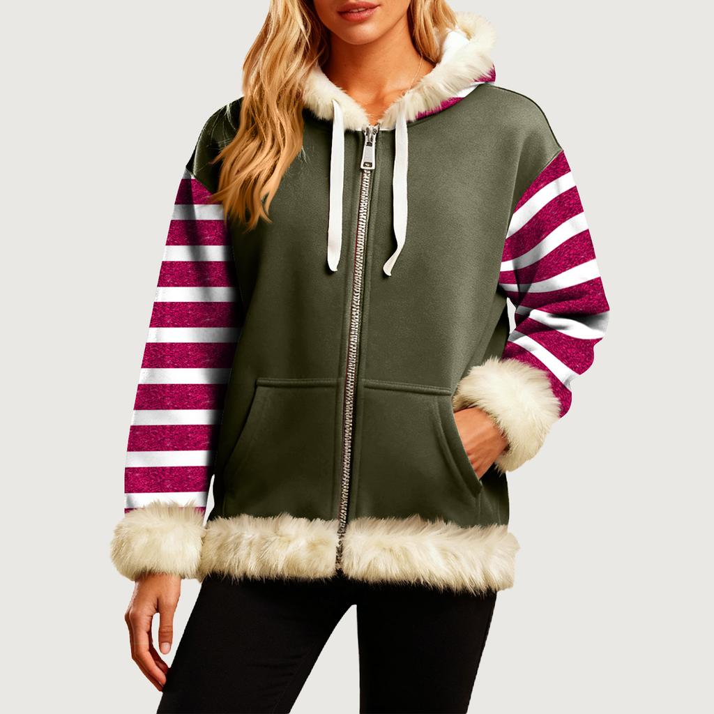 Women's Comfortable Loose Fashion Casual Striped Print Long Sleeve Pockets Hooded Sweatshirt Jacket