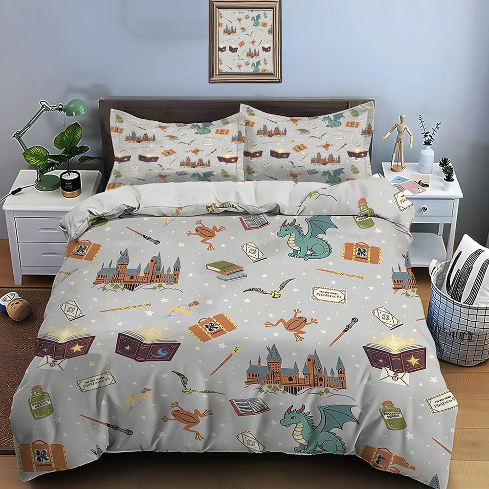 3PC Magical items and castle pattern Bedding Set 1 Duvet Cover 2 Pillowcases for Adult and Children Luxury Gift Full Size