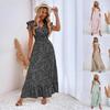 V Neck Printed Dress Waist Hugging Long Skirt with Ruffle Edge Elegant Dress for Women Sleeveless  Loose Dresses Causal Dress