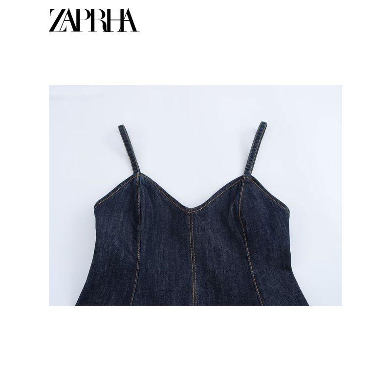 Zaprha2025 New Arrival American Sexy Wavy Style Wide Swing V Neck Camisole Denim Tops Ladies 8197064