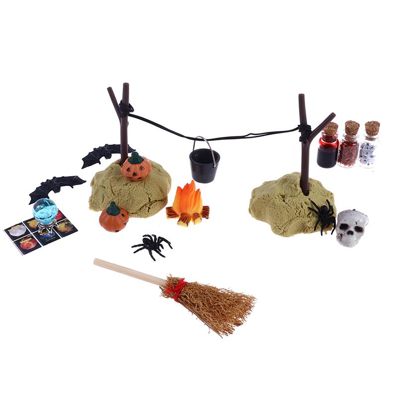 

1Set 1:12 Dollhouse Miniature Halloween Horror Decor Toy Bat Skull Head Broom Spider Pumpkin Magic Book Ornament DIY