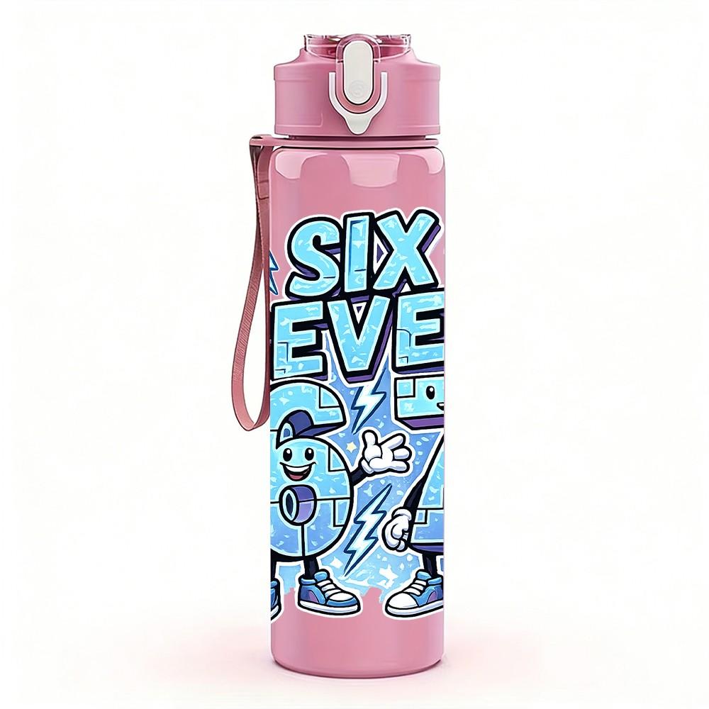 1PC Six Seven Blue Retro Graffiti Print 750ml Color Plastic Sports Water Bottle Leakproof Flip Straw Lid Suitable for Sports Office Home Use