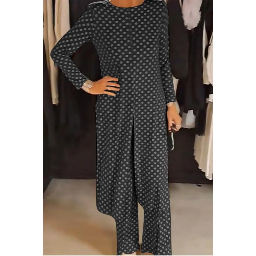 New Trendy Round-neck Long-sleeved Split Polka Dot Long Pants Casual Suit for Women