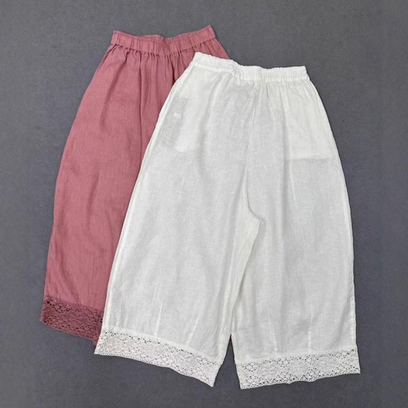 Johnature Japońskie Spodnie Patchworkowe z Koronki Vintage Kobiety Casual Proste Luźne Spodnie Lato