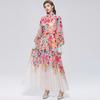 2026 Summer Holiday Chiffon Gorgeous Flower Maxi Dress Women's Stand Long Lantern Sleeve Sashes Floral Print Loose Robes