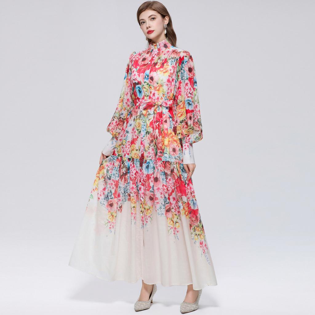2026 Summer Holiday Chiffon Gorgeous Flower Maxi Dress Women's Stand Long Lantern Sleeve Sashes Floral Print Loose Robes