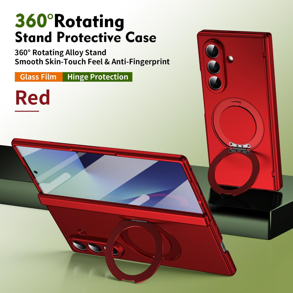 For Samsung Galaxy Z Fold 7 6 5 Phone Case with Tempered Glass, Rotating Magnetic Alloy Stand, Fingerprint Resistant